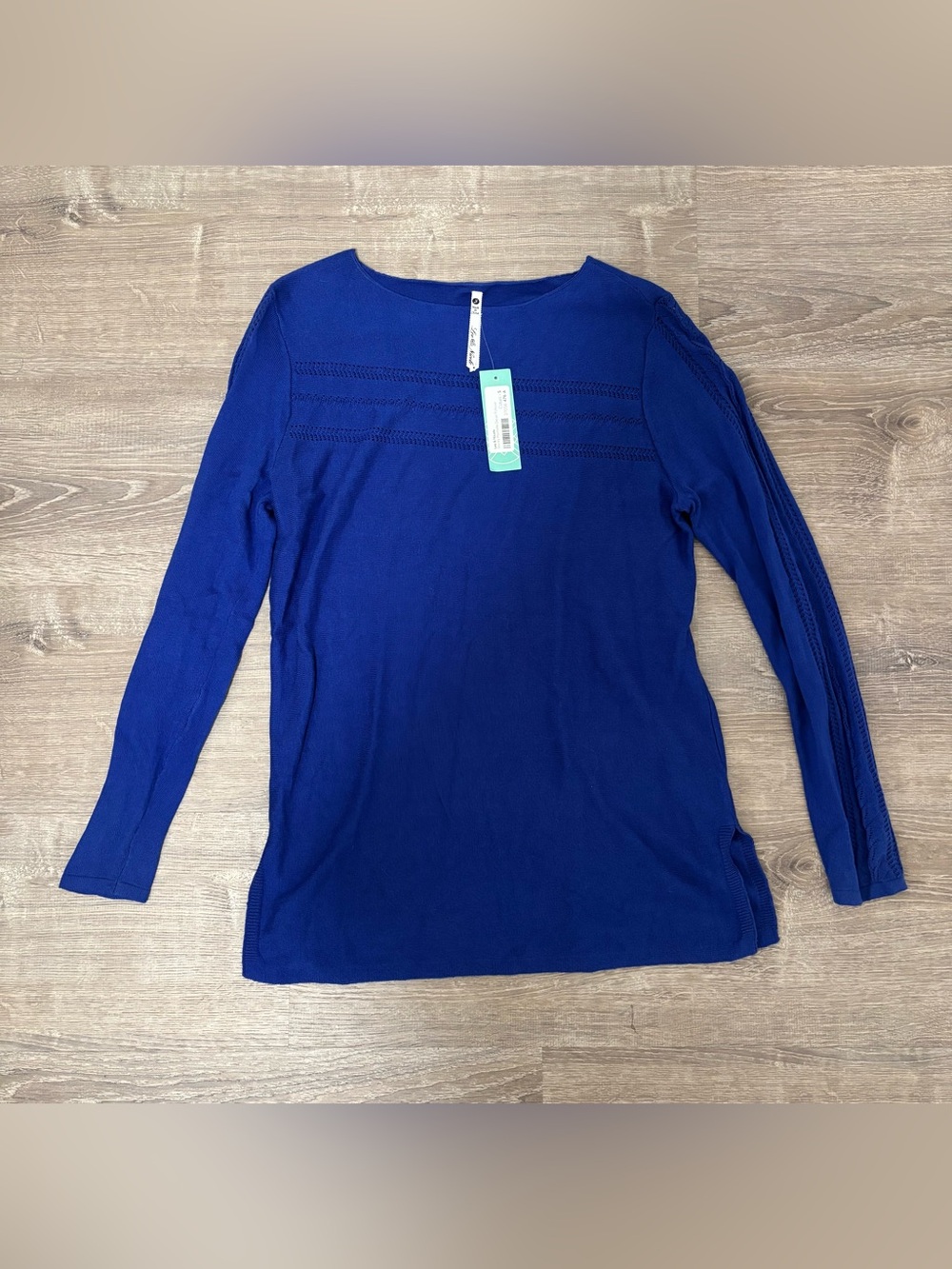 Leo & Nicole Women's Pointelle Sweater Blue Round Neck Size Small NWT